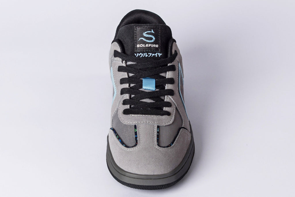 SOLEFIRE Tokyo Nights low-top sneaker in grey suede and mesh with black laces and sky blue accent details