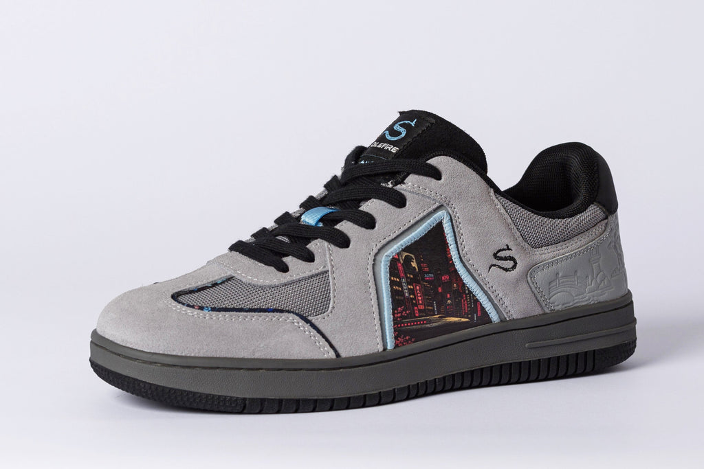 SOLEFIRE Japan Series Tokyo Nights low-top sneaker in grey suede and mesh with a vibrant neon Tokyo graphic panel.