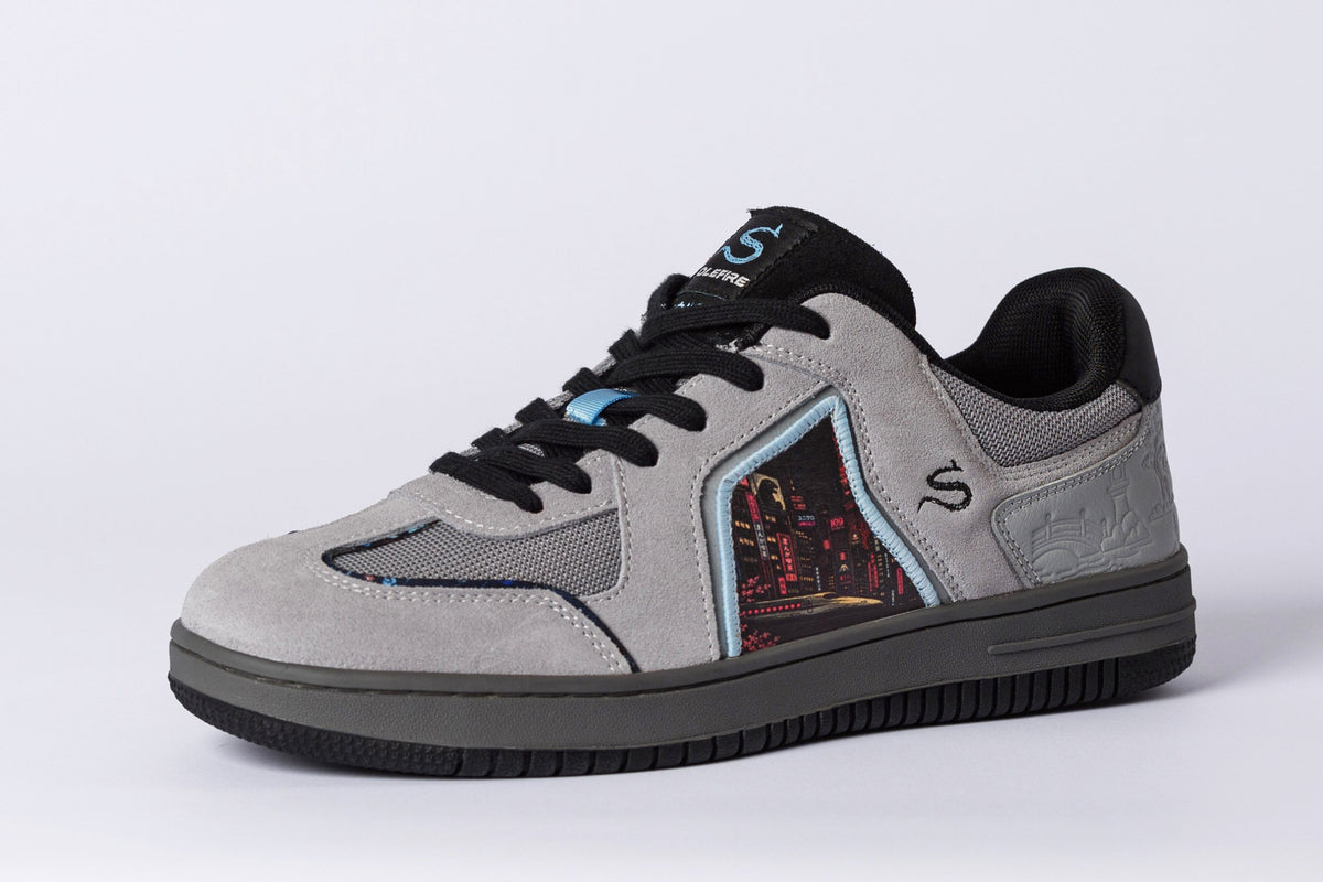 SOLEFIRE Japan Series Tokyo Nights low-top sneaker in grey suede and mesh with a vibrant neon Tokyo graphic panel.