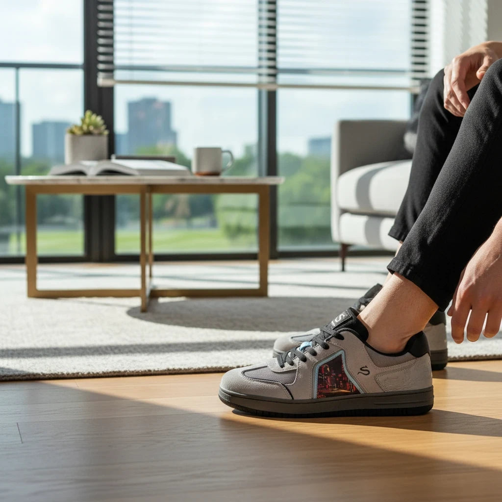 SOLEFIRE Tokyo Nights sneakers in grey suede and mesh with Tokyo cityscape graphic panels worn in a sunlit room.